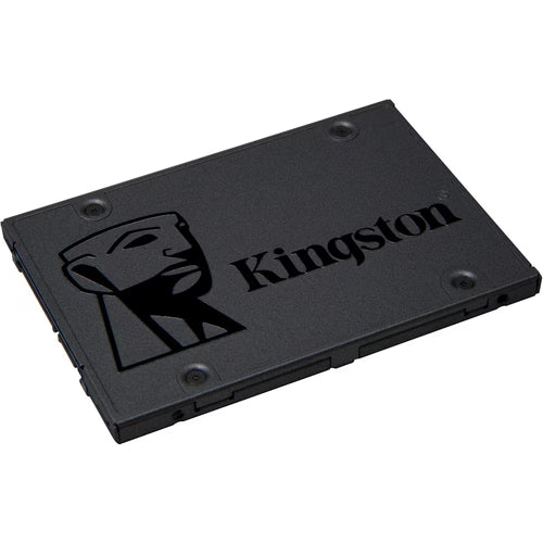 Black Kingston A400 2.5-inch SATA SSD with logo and screw holes, angled view