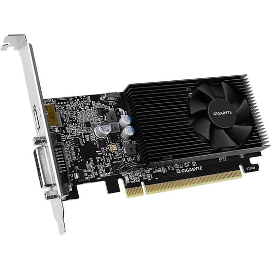 Low profile graphics card with black fan heatsink and gold edge connector