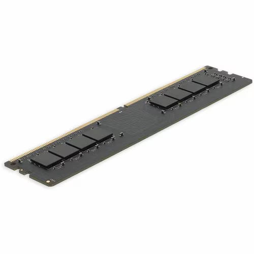 DDR4 UDIMM desktop memory module, angled view with gold edge contacts and black chips