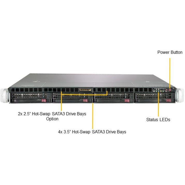 Supermicro SuperServer 5019C-MR front panel with hot-swap SATA drive bays and status LEDs