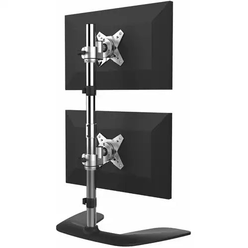 Dual vertical monitor stand with two mounting arms and adjustable height column, dark base