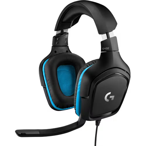 Logitech G G432 gaming headset, black with blue trim and boom mic