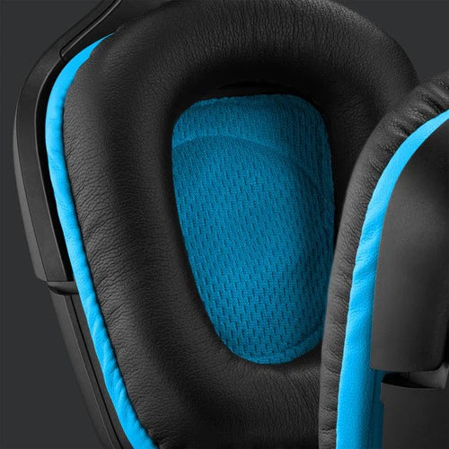 Headset ear cushion with blue fabric insert and black textured padding
