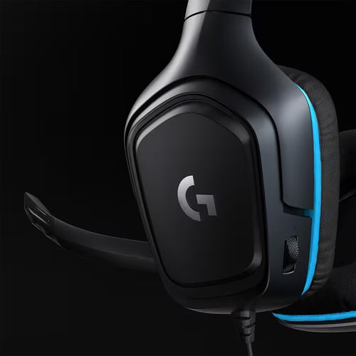 Over-ear headset earcup with blue edge trim and boom mic