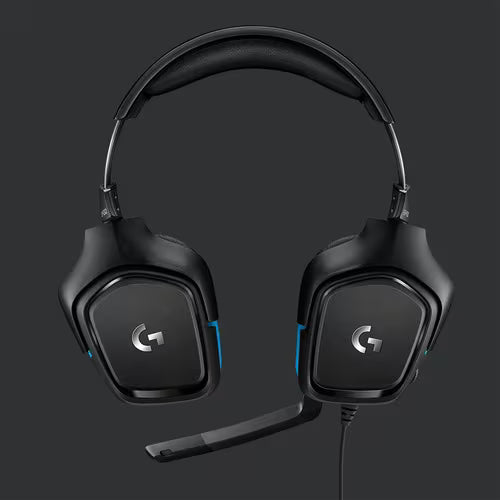 Gaming headset with over-ear earcups, blue trim, and boom microphone