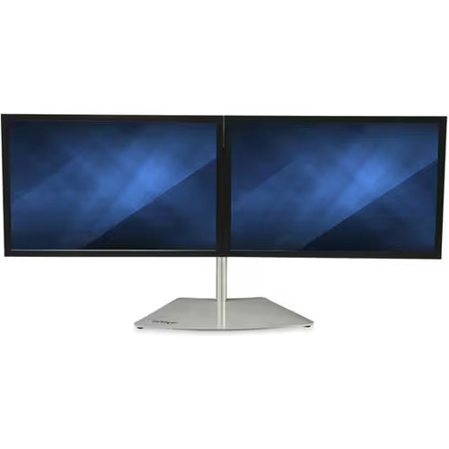 Dual monitor pole stand with two-screen brackets and round base, silver