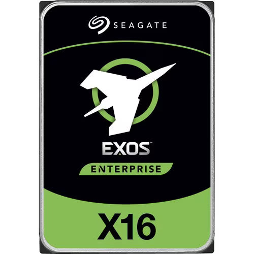 Seagate Exos X16 enterprise 3.5-inch SATA hard drive with label, silver metal casing