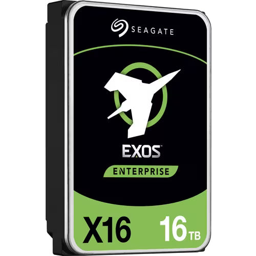 Seagate Exos enterprise 3.5-inch HDD, front and side view, black with green X16 16TB