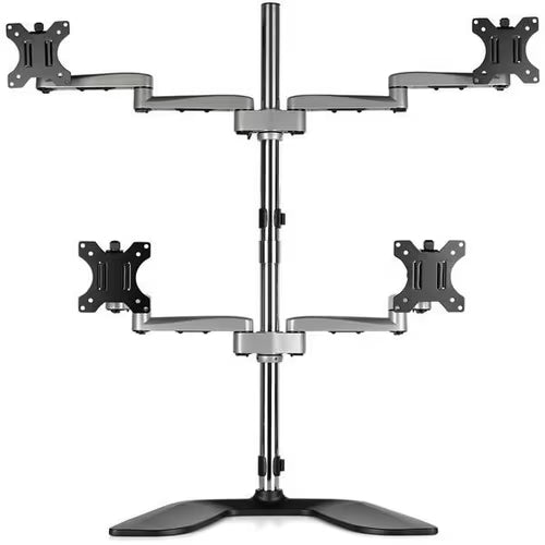 Quad monitor stand with four VESA mounts, adjustable arms, and round base