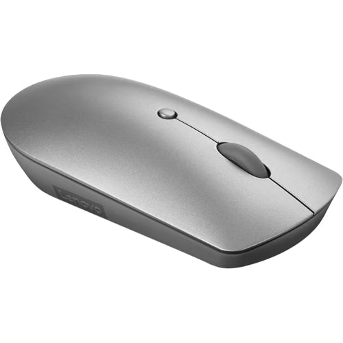 Lenovo Bluetooth silent mouse, silver-gray angled view with left and right buttons
