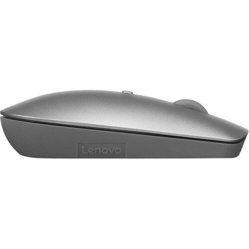 Lenovo Bluetooth silent mouse, silver-gray side profile with scroll wheel and buttons