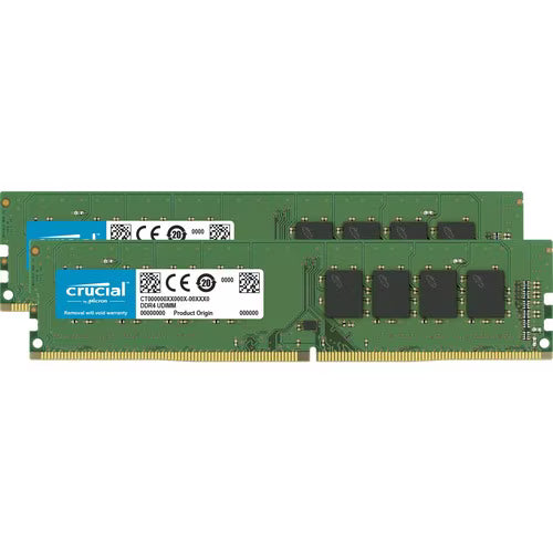 DDR4 desktop DIMM memory kit, two green Crucial 16GB sticks