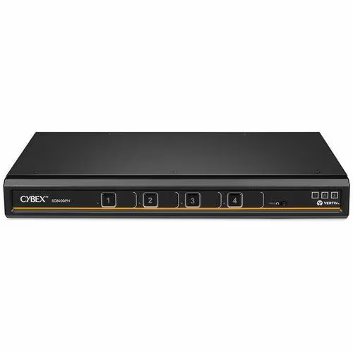 Black CYBEX secure KVM switch, front with 1–4 channel buttons and display ports