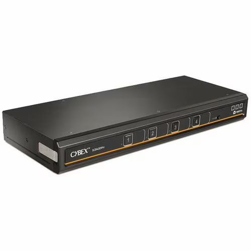 Black CYBEX secure KVM switch, top-front view with channel buttons 1–4