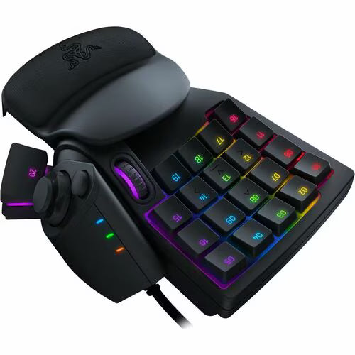 Razer Tartarus Pro gaming keypad angled view with wrist rest, thumb controls, RGB keys