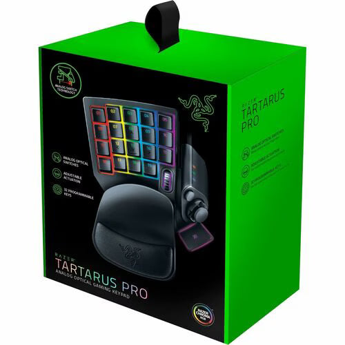 Razer Tartarus Pro gaming keypad retail box with colorful product image and controls