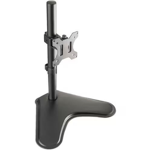 Height-adjustable single monitor desk stand with black base and VESA mounting post