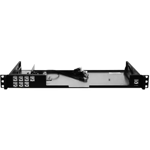 Rack-mount bracket with black metal supports and screw holes, for firewall unit