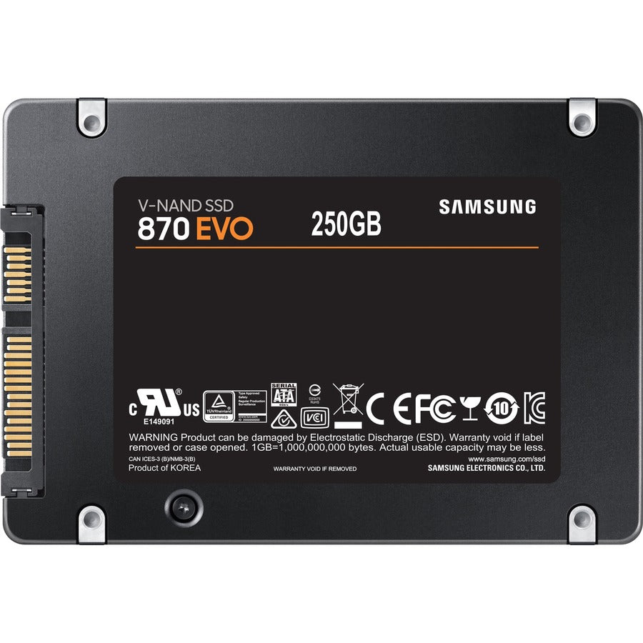 Samsung 870 EVO 250GB SSD underside with V-NAND SSD label and connector pins