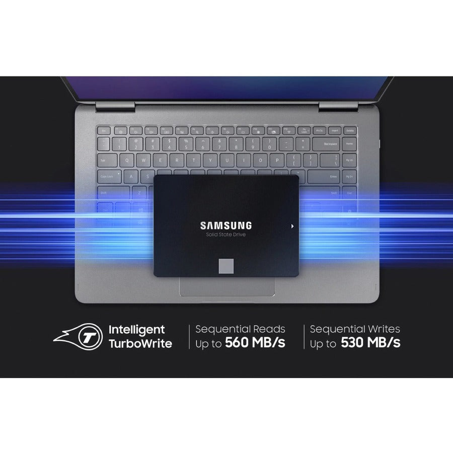 Samsung Solid State Drive 2.5-inch SATA SSD on laptop keyboard area with speed callouts
