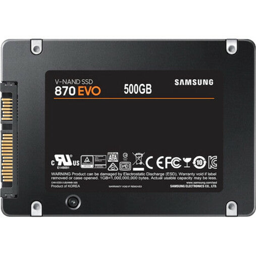 Back of Samsung 870 EVO 2.5-inch SATA SSD with label stickers and ports