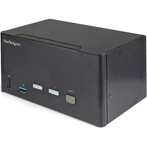 Black triple-monitor KVM switch with front input ports and Select button