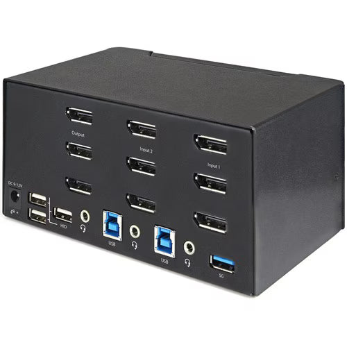 Black KVM switch side panel with DisplayPort outputs, USB ports, and power jack