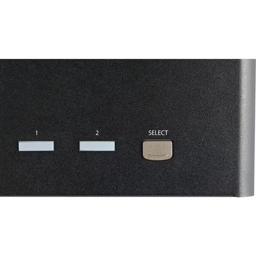 Black KVM switch control area with labels 1 and 2 and Select button