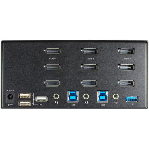 Black KVM switch rear panel with multiple DisplayPort outputs and USB inputs