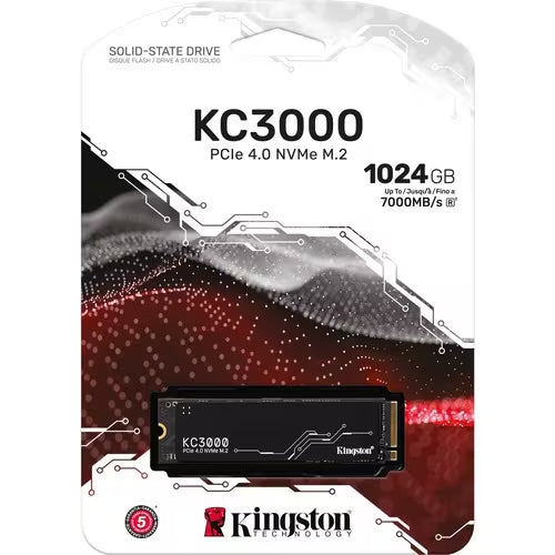 Kingston KC3000 PCIe 4.0 NVMe M.2 SSD 1024GB packaging with drive image