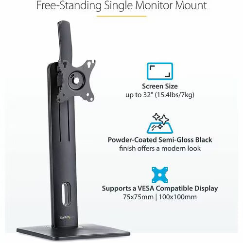 Black free-standing single monitor mount with tall post and wide square base