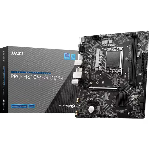 Desktop motherboard with black PCB, MSI PRO H610M-G DDR4 branding and ports.