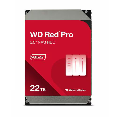 3.5-inch WD Red Pro NAS HDD front, red label, 22TB, OptiNAND technology