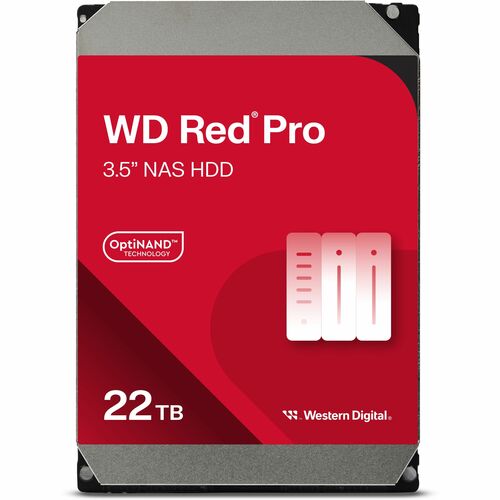 3.5-inch WD Red Pro NAS HDD front, red casing, 22TB, OptiNAND, WD logo