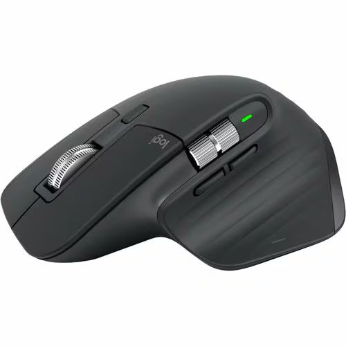 Wireless mouse in dark gray with side buttons and green status light