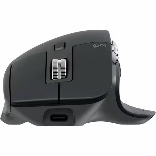 Wireless mouse rear view with scroll wheel vents and USB-C port
