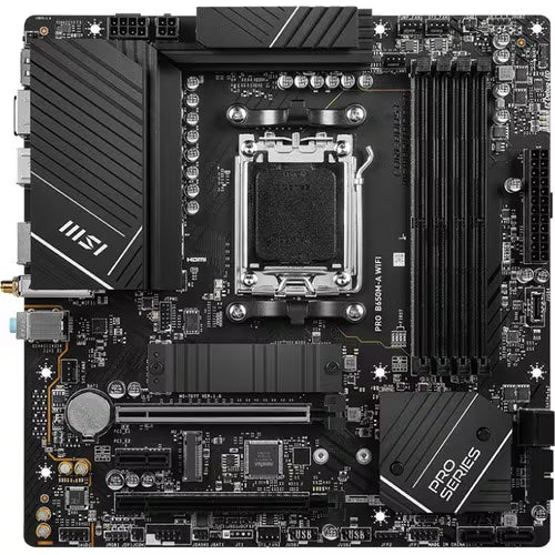 ATX motherboard with black heatsinks and central CPU socket area