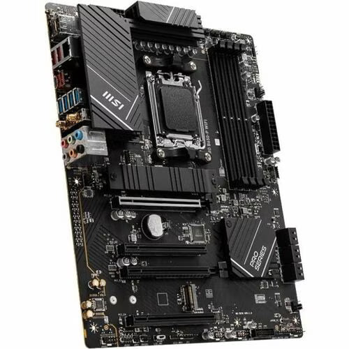MSI PRO ATX Wi-Fi motherboard with AM5 socket and PCIe slots, black heatsinks.