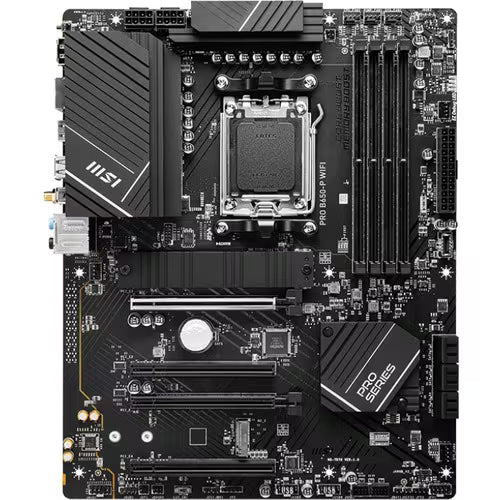 MSI PRO ATX Wi-Fi motherboard showing AM5 CPU socket and RAM slots, black PCB.