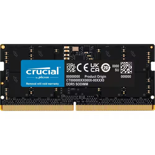 DDR5 SODIMM memory module, black PCB with Crucial label and chip details