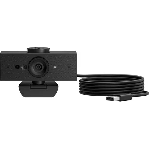HP FHD webcam side view with mounting clip, black cable, and stacked cord