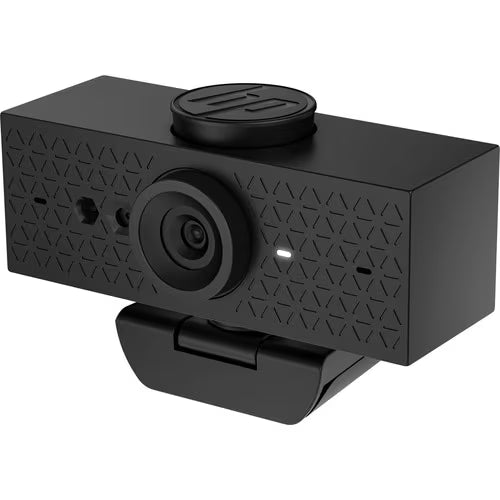 HP FHD webcam with lens and privacy cap, black body, desktop clip mount