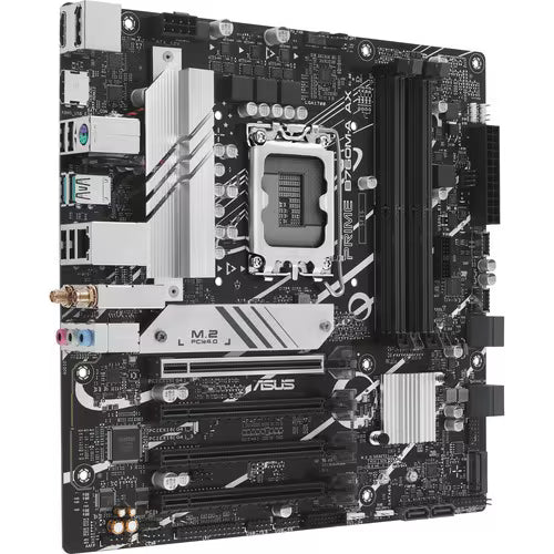 Micro-ATX motherboard with CPU socket, PCIe slots, and heatsinks; black and gray