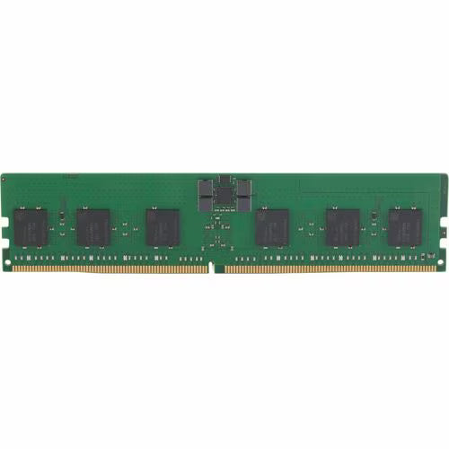 DDR5 ECC registered DIMM memory module, green circuit board with chips and gold contacts