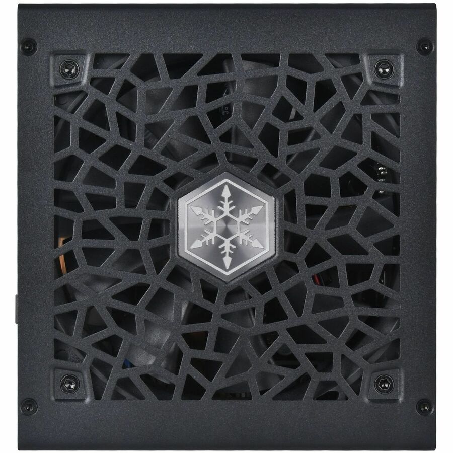 Black power supply grille cover with hex badge and mounting screws