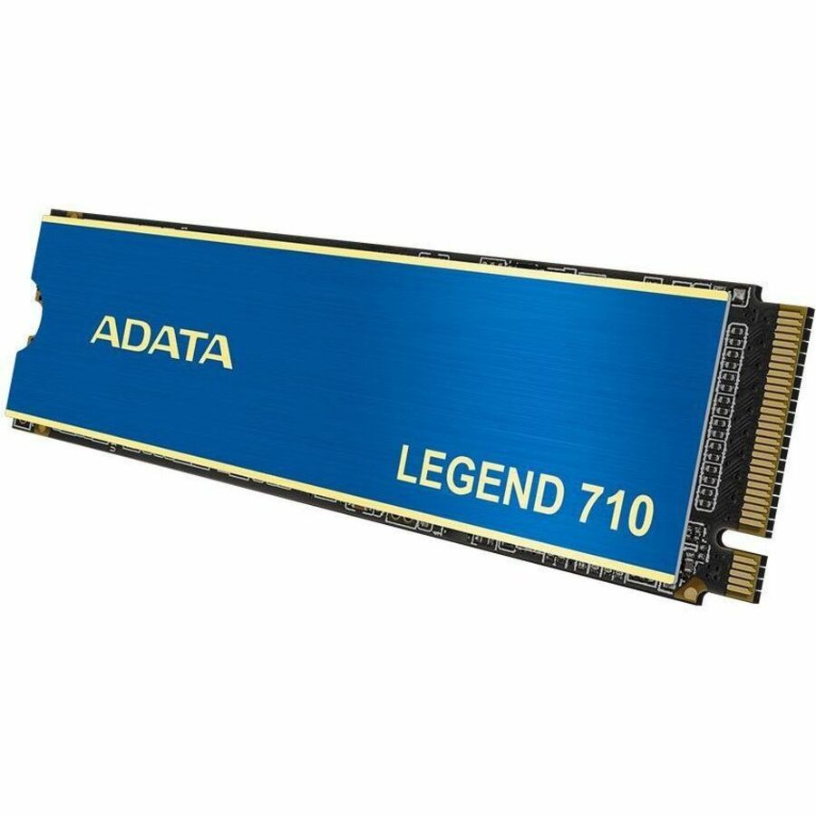 Adata LEGEND 710 NVMe M.2 2280 SSD with blue face and gold-edged PCB, angled view