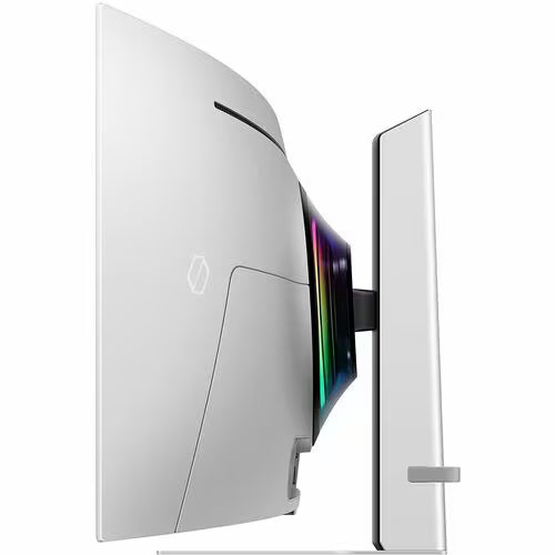 Curved gaming monitor in white with RGB ring detail and side view stand