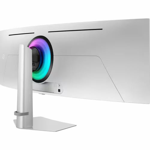 Curved gaming monitor in white with RGB ring on side, front angled view