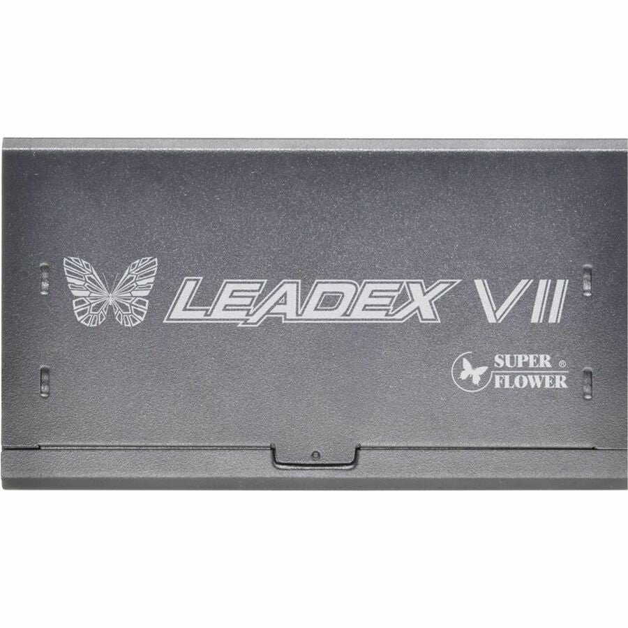 Black Super Flower power supply side panel with LEADEX VII text and butterfly emblem