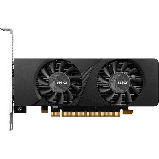 MSI low-profile graphics card showing two cooling fans and gold PCIe connector